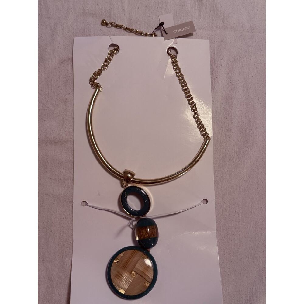 Chico's Gold Green Brown Round Pendant Collar Necklace NWT